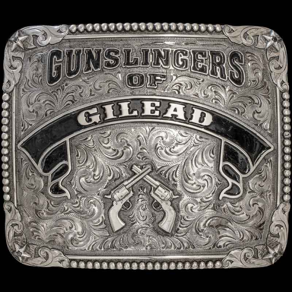 A different take on our best-selling 'Stillwater' belt buckle! This impressive buckle is crafted on a hand-engraved, German Silver base, detailed with all German Silver elements. Including a beaded edge, stars in each corner, scrolls, and an enamel Banner